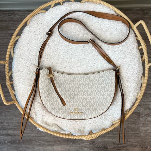 Michael Kors Half Moon White Monogrammed Leather Tassel Side Body Purse - Picture 11 of 11